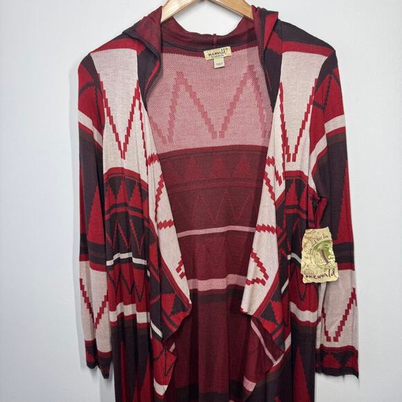 One World Women 1X Plus Size NWT Brown Red Western Cardigan Aztec Country Hood - Picture 3 of 9